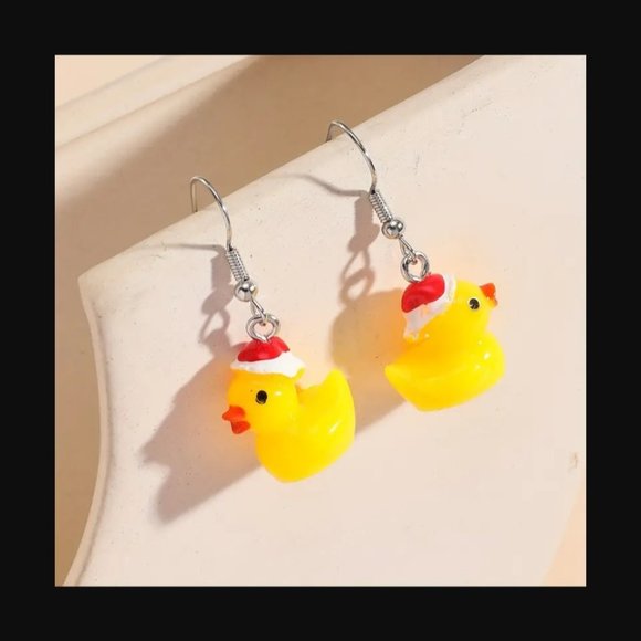 Cute Christmas Yellow Duck Design Dangle Earrings Resin Jewelry - Picture 4 of 4